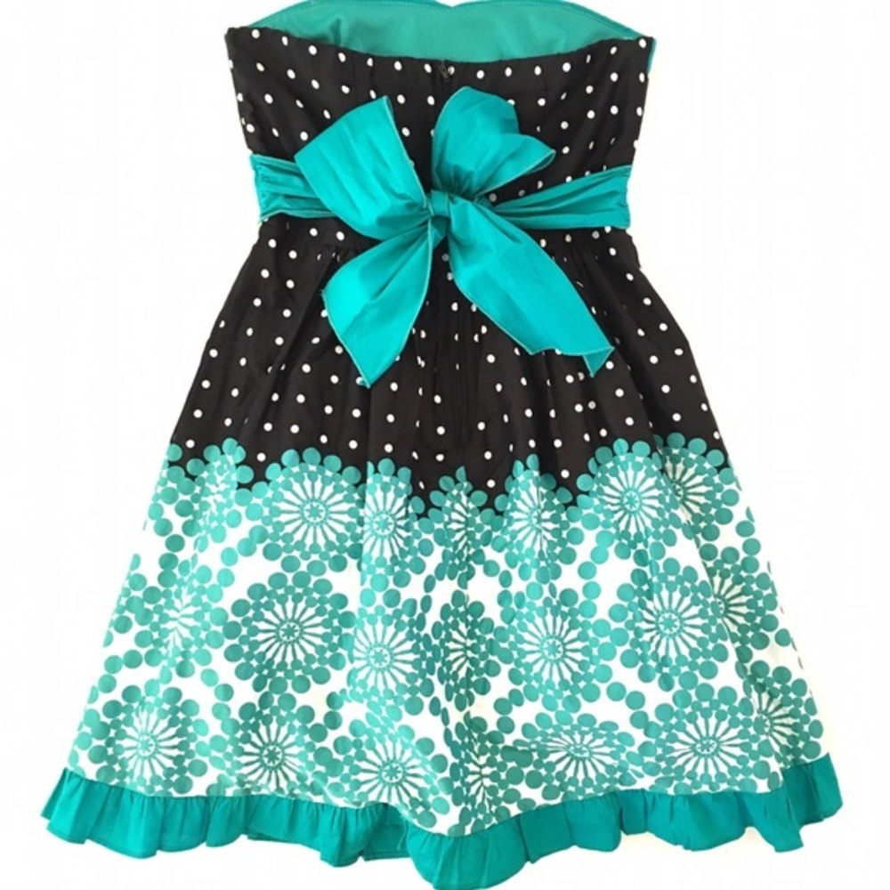 Black & Turquoise Polka Dot Strapless Floral Dress